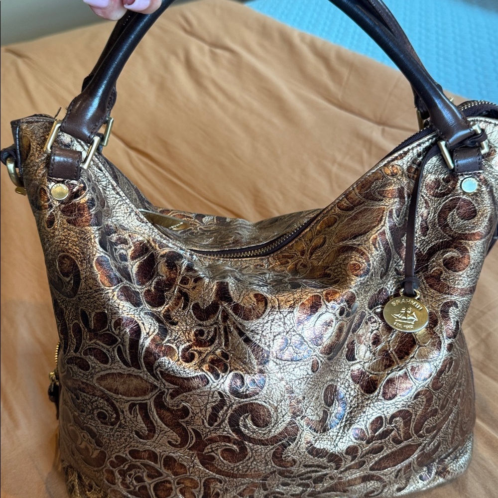 Brahmin Brown, bronze, tool cominged leather